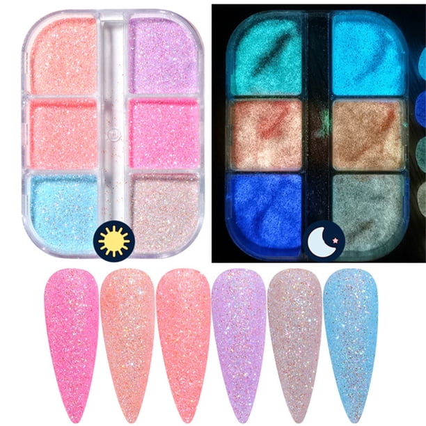 caja de polvos para uñas que brillan en la oscuridad, polvos brillantes para decoración de uñas.