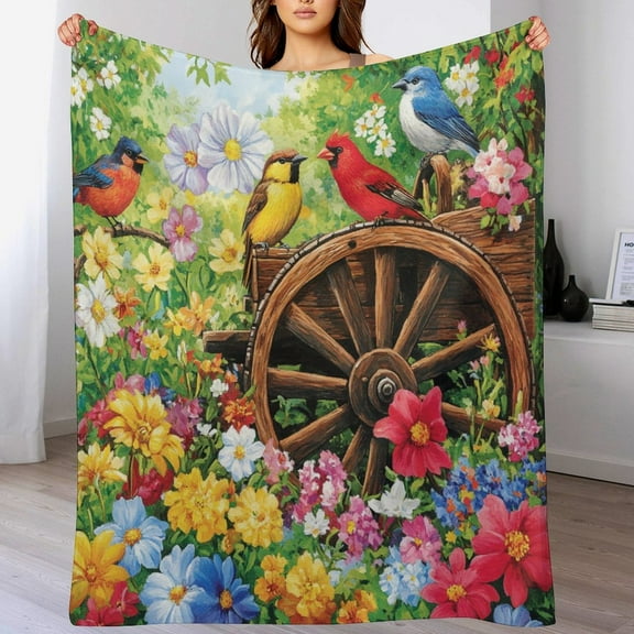 Spring Summer Hummingbird Floral Birds Throw Blanket for Couch Bed Sofa 50"x60" Summer Spring Garden Flowers Velvet Flannel Blanket Unique Ideas Girls Boys Decorative Flannel Blanket