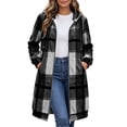 thumbnail image 3 of Busydd Long Plaid Trench Coat Women Fashion Long Sleeve Zip Up Fall Jackets Casual Hooded Drawstring Outerwear Jacket with Pockets, 3 of 10