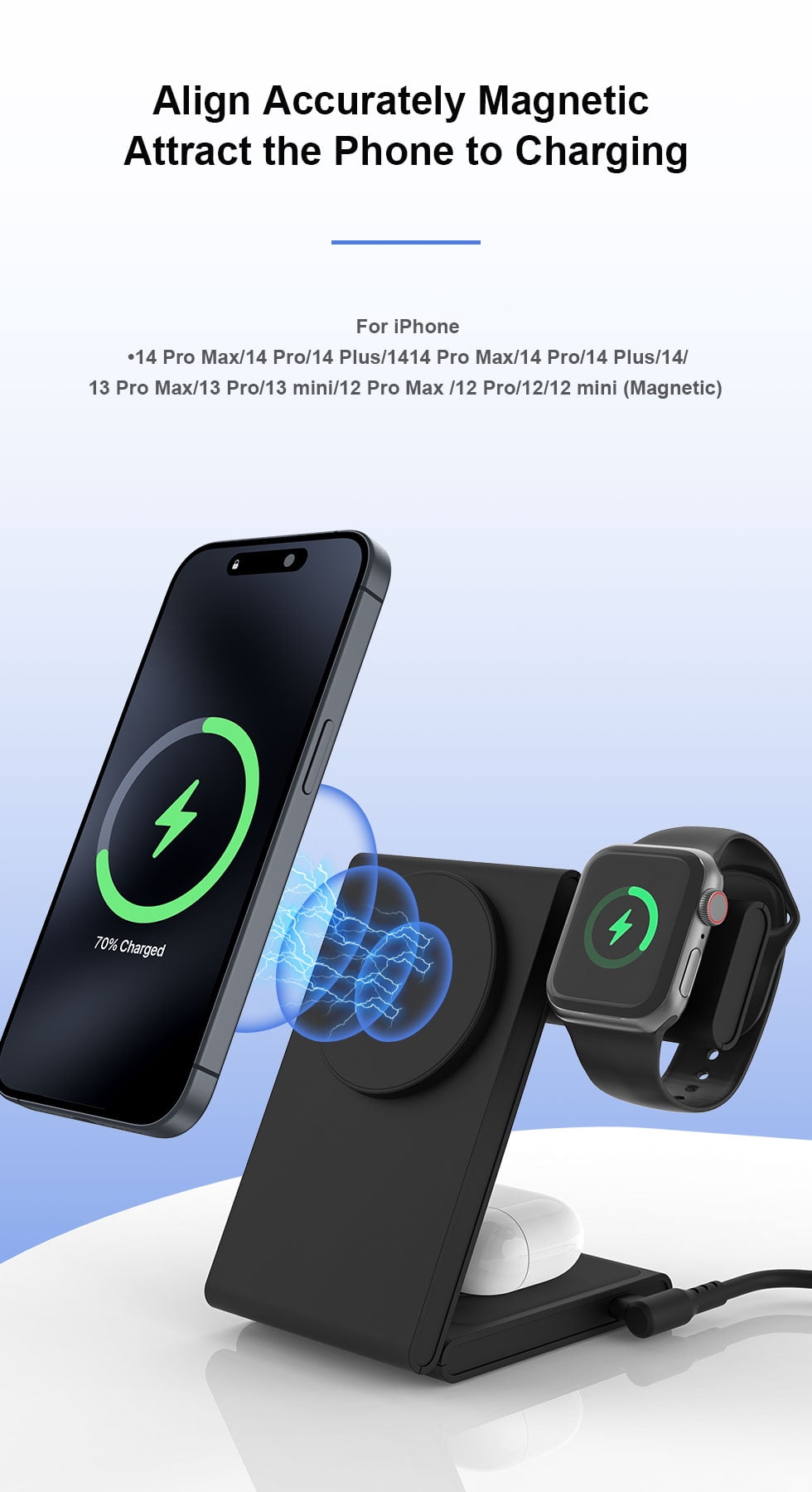 YFZN M5 3 in 1 Wireless Charging Station for Multiple Devices, Fast Foldable Portable Travel Stand for iPhone 16/15/14/13/12/Series, Magnetic Charger for Apple Watch 10/Ultra 2/AirPods (all)