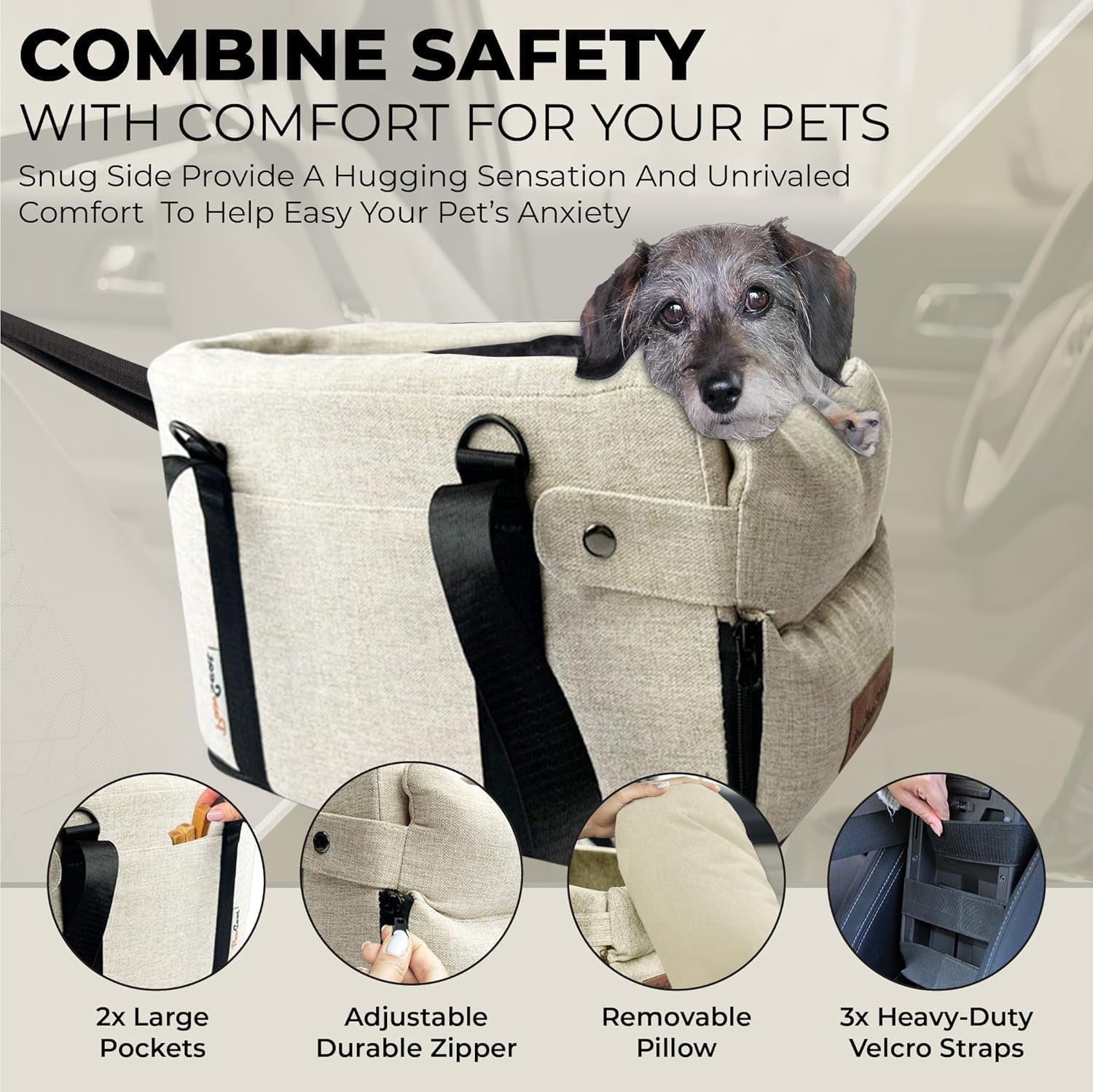 Center Console Dog Car  for Small Dogs 5-13Lbs with Safety Belt and Storage Pockets - Beige Woven