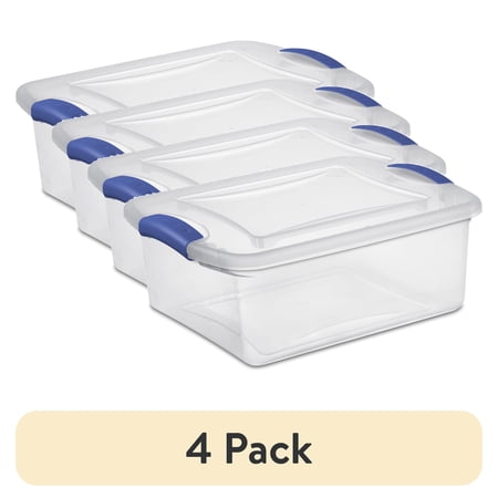 (4 pack) Sterilite 15 Quart Small Latching Storage Bin, Clear Plastic Storage Container with Latch Lid, Blue