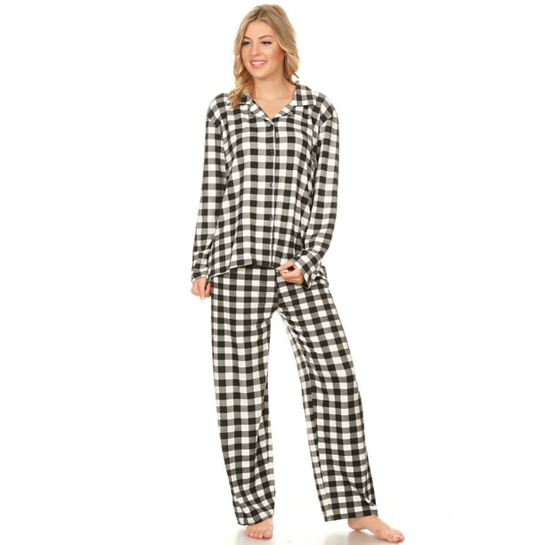 Z2150 Womens Sleepwear Pajamas Woman Long Sleeve Button Down set Black ...