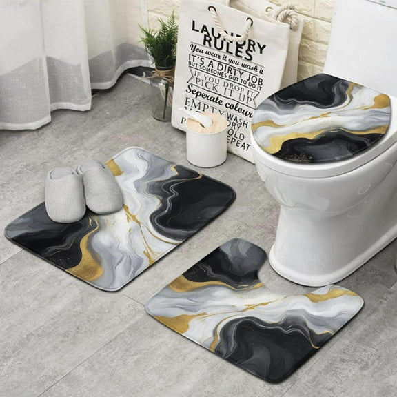 Black White Gold Marble Pattern Bathroom Rugs Sets 3 Piece,Toilet Cover Set,Absorbent Non Slip Bathroom Mats Sets with U-Shaped Contour Rug Toilet Rug Set