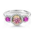 thumbnail image 2 of Gem Stone King 0.84 Ct Pink Lab Grown Diamond Pink Sapphire 925 Silver and 10K Yellow Gold 3 Stone Women Engagement Ring (Size 7), 2 of 3
