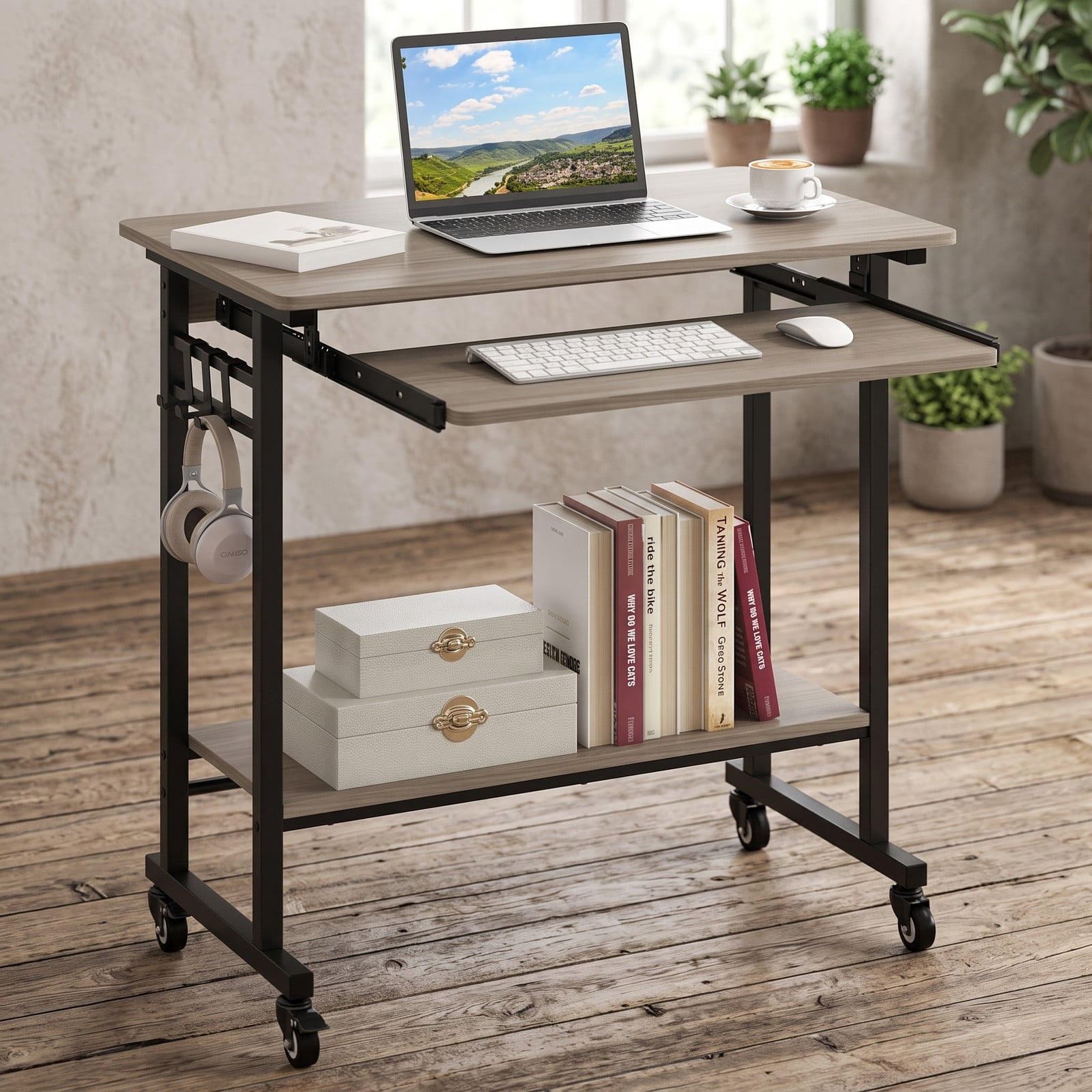 Furnibear Rolling Laptop Table Mobile Computer Desk Cart with Pull-out Keyboard Tray, 3 Hooks, Bottom Storage Shelf and Locking Wheels for Home Office, Grey