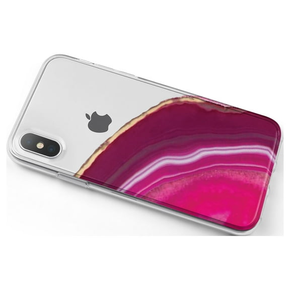 DistinctInk Clear Shockproof Hybrid Case for iPhone X / XS (5.8" Screen) - TPU Bumper, Acrylic Back, Tempered Glass Screen Protector - Hot Pink Agate Crystal Geode