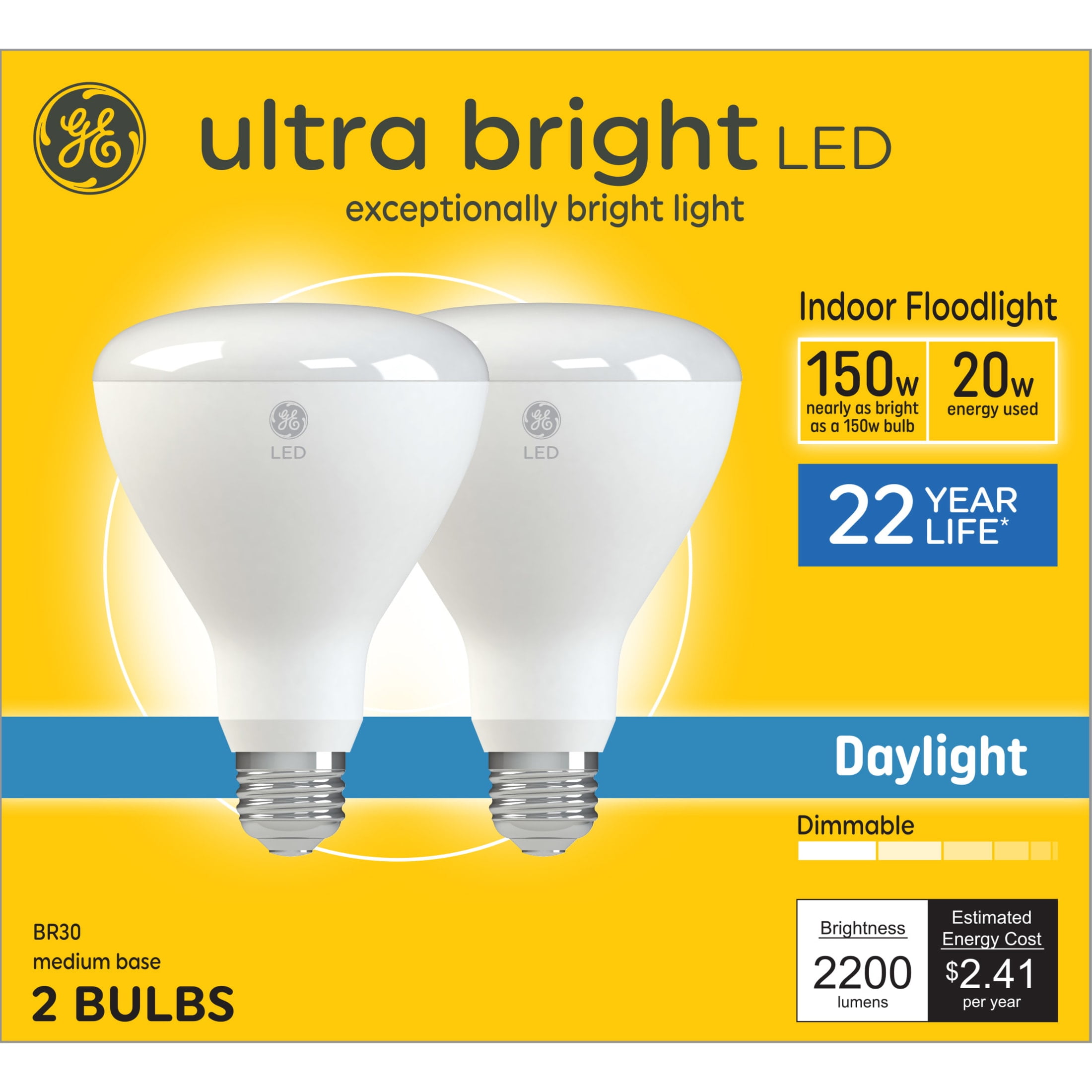 (2 pack) GE Ultra Bright LED Light Bulbs, 150 Watt, Daylight, BR30 Floodlights, Medium Base, Frosted Finish, 2pk