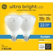 GE Ultra Bright LED Light Bulbs, 150 Watt, Daylight, BR30 Floodlights, Medium Base, Frosted Finish, 2pk