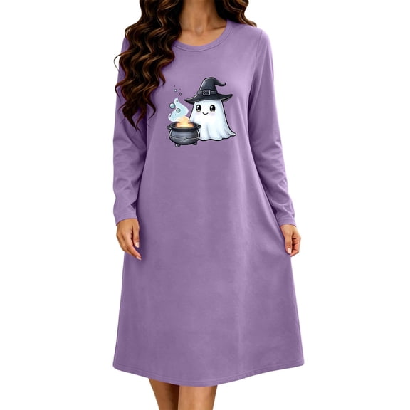 Women's Halloween Cute Print Lounge Dress Long Sleeve Crew Neck Casual Sleepwear Nightgown