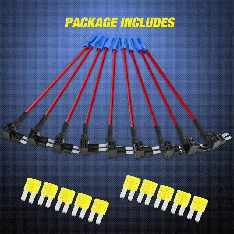 Kit Adattatori Per Fusibili Auto, 2 Pezzi 16 AWG + 8 Mini Fusibili 10A E 15A, Per Circuito Aggiuntivo - 5