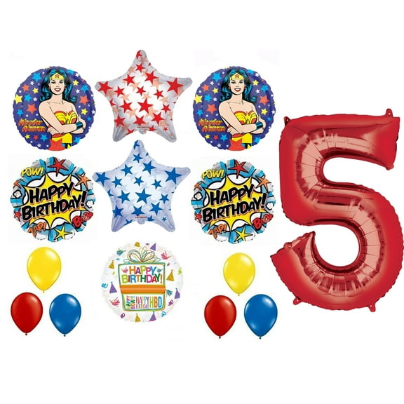 Wonder Woman 14 pc Superhero 5th Birthday Party Supplies and Balloon Decorations