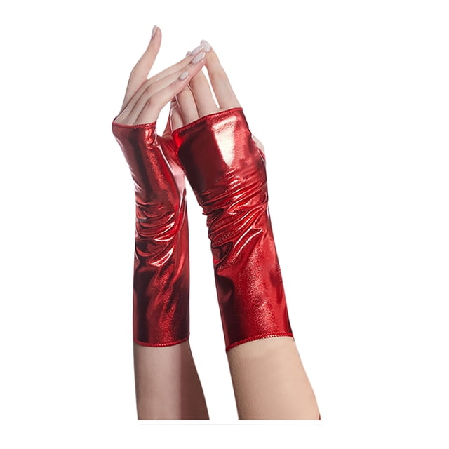 Xfvqtps Gants Sans Doigts pour Femmes Surface Brillante et Lustrée Gants de Fête d'Opéra Rouges