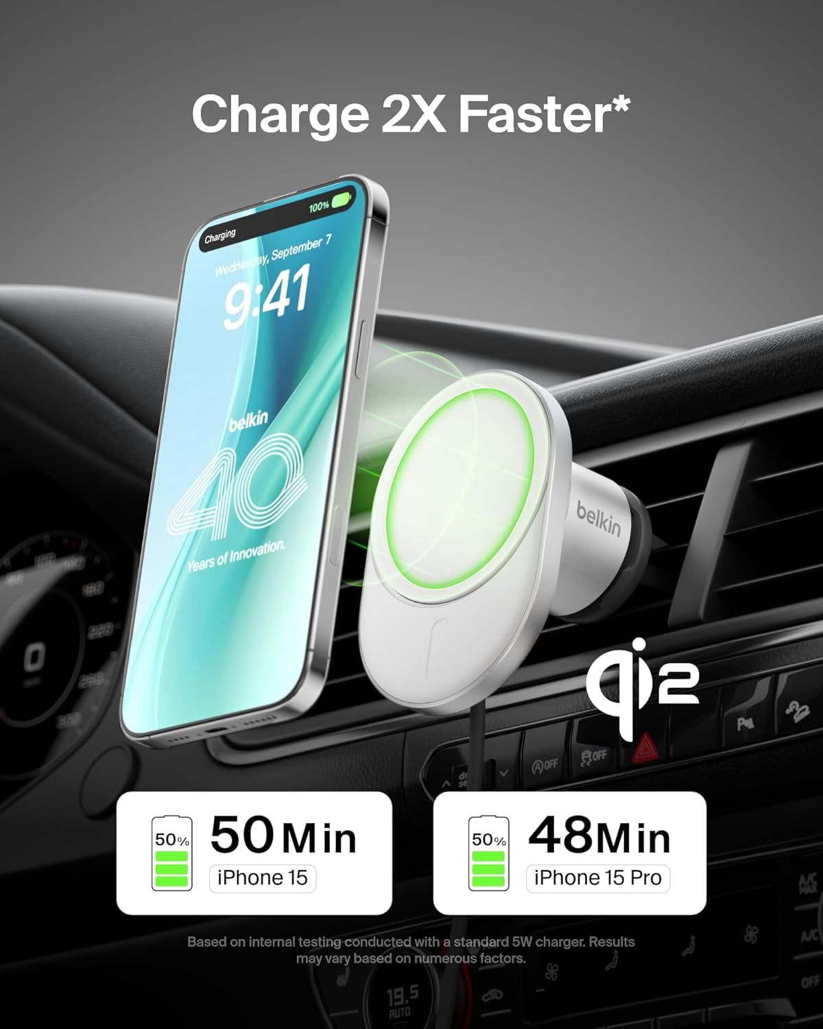 Open Box Belkin Wireless Car Charger 15W - MagSafe-Compatible Magnetic iPhone Charger - Qi2 Wireless Charger, Magnetic Car Vent Phone Mount for iPhone 16, iPhone 15, iPhone 14, 13, 12 Series - Grey