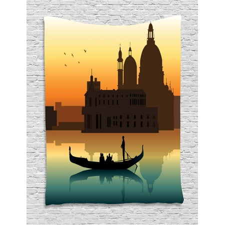 Romantic Tapestry, People in Gondolas Venice City of Historical Importance Abstract Illustration, Wall Hanging for Bedroom Living Room Dorm Decor, 40W X 60L Inches, Multicolor, by