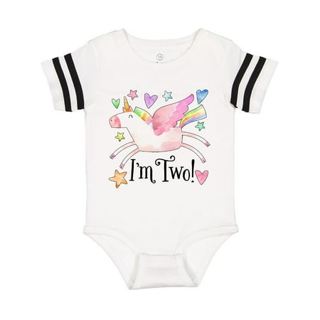

Inktastic I m 2 Cute Rainbow Unicorn with Stars and Hearts Gift Baby Boy or Baby Girl Bodysuit