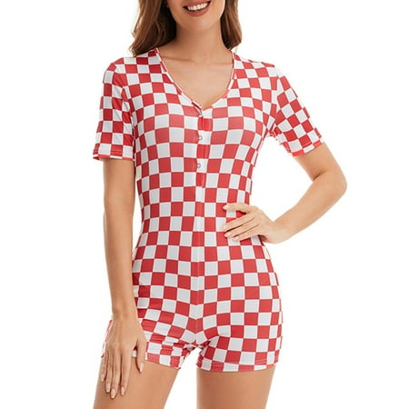 

Capreze Ladies Sleepwear Polka Dot Short Pants V Neck Jumpsuits Loose Mini Trousers Sleeve Romper Red 2XL