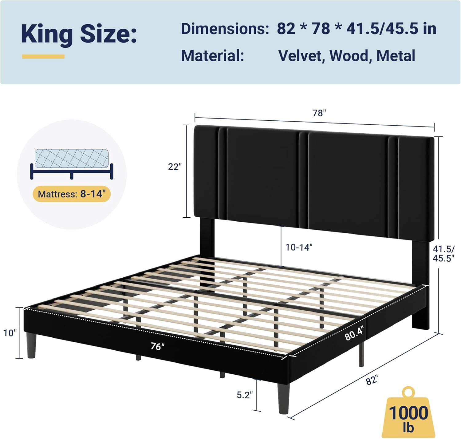 Allewie King Platform Bed Frame with Adjustable Headboard, Plush Velvet Upholstered, Vertical Channel Tufted, Sturdy Wooden Slats, No Box Spring Needed, Easy Assembly, Black