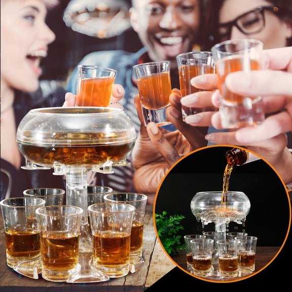 6 Shot Glass Dispenser - 5.5"x5.5"x6.3" Liquor & Shot Dispenser with Carrier, Home Bar Tool for Parties & Events, Multi-Spout Bottle for Evenly Pouring Drinks