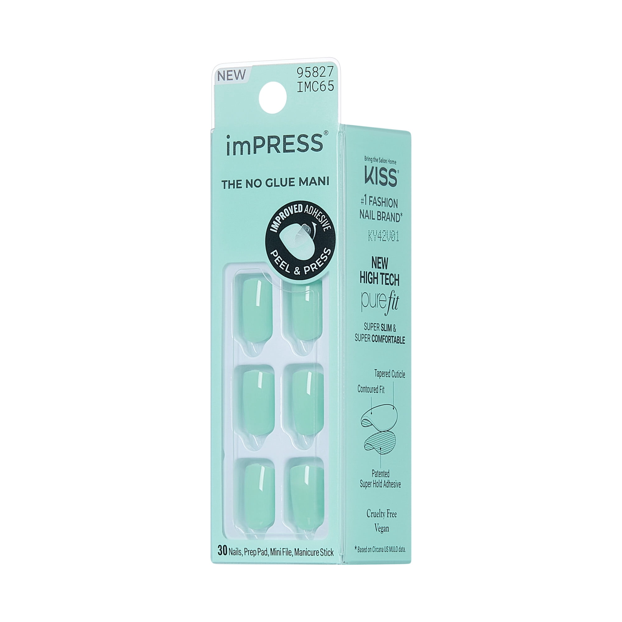 KISS imPRESS Ongles Couleur – Plus Près, Vert, Squoval, Court, 30 unités