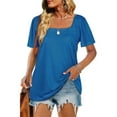 thumbnail image 3 of VISgogo Tops casuales de verano para mujer, color sólido/estampado a rayas, manga corta, cuello cuadrado, camiseta suelta simple VISgogo  moda, 3 of 5