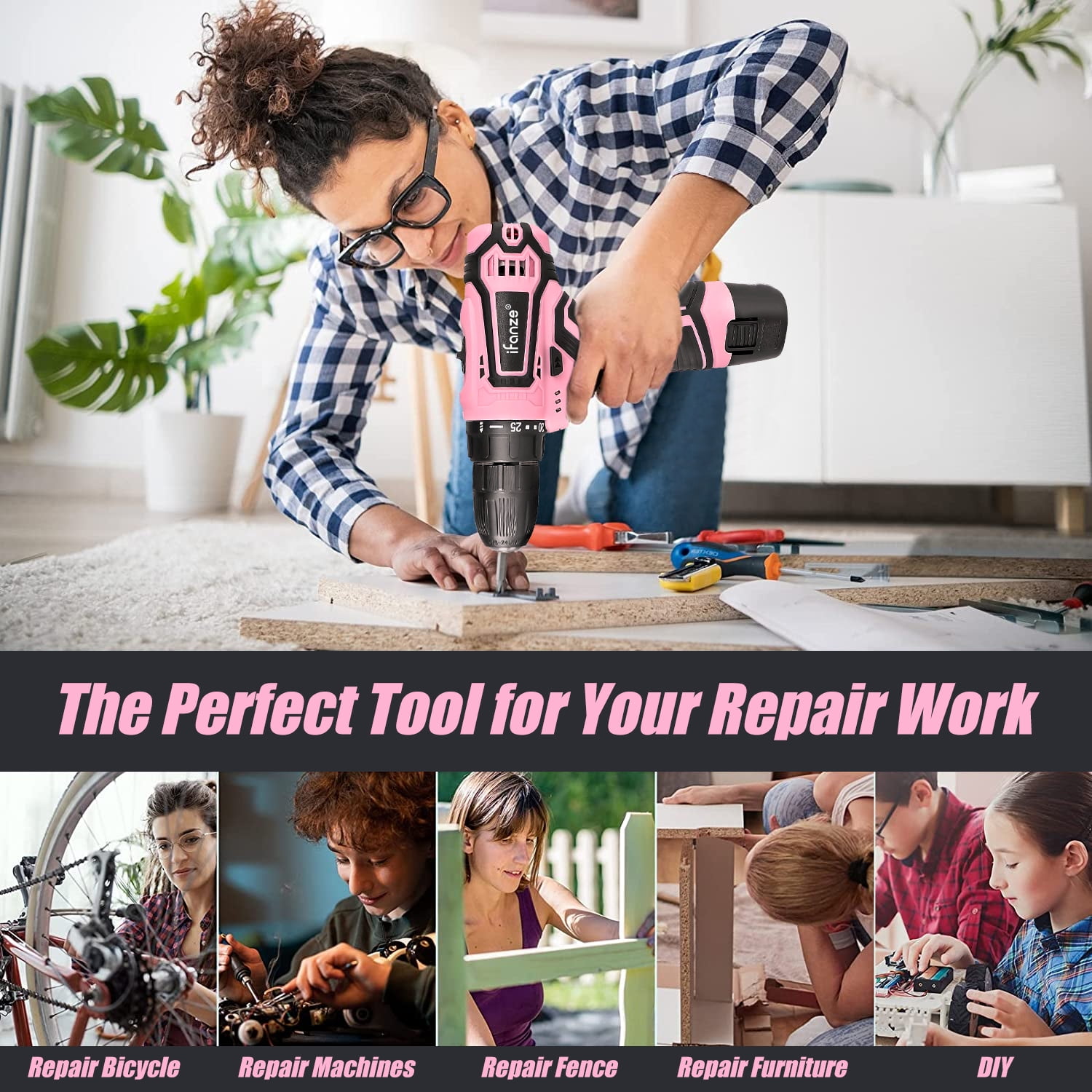 12V Cordless Drill, 2 Variable Speed Electric Power Screw Gun Set with 32 Accessories Multi-function Household Rechargeable Hand Cordless Screwdriver