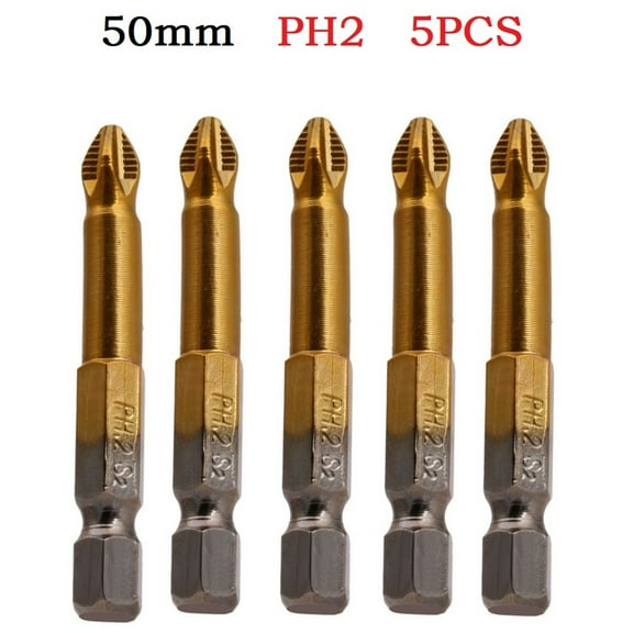 5PCS PH2 50mm Coated Electric Screwdriver Bit 1/4 Hex Shank Non-Slip Driver With Magnetic Tip Of Cross Head, Power Tool Accessory
