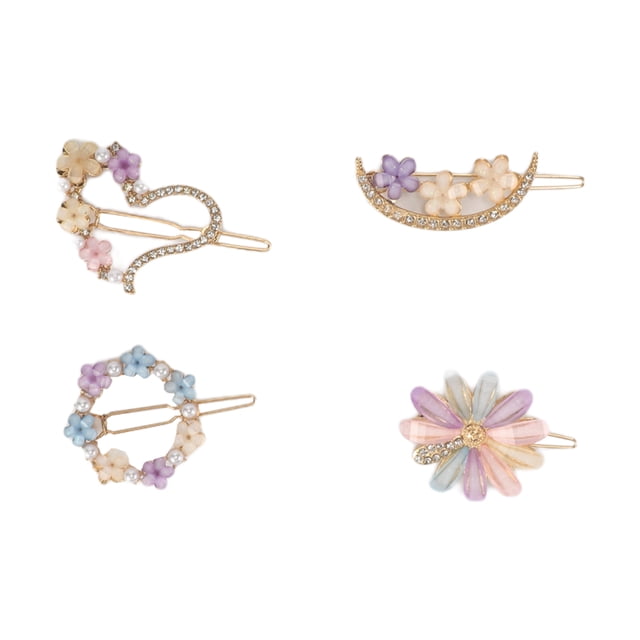 4 Piezas de Clips para el Cabello con Flores de Moda y Corazón para Niñas en Tonos Dorados, Morados y Rosas