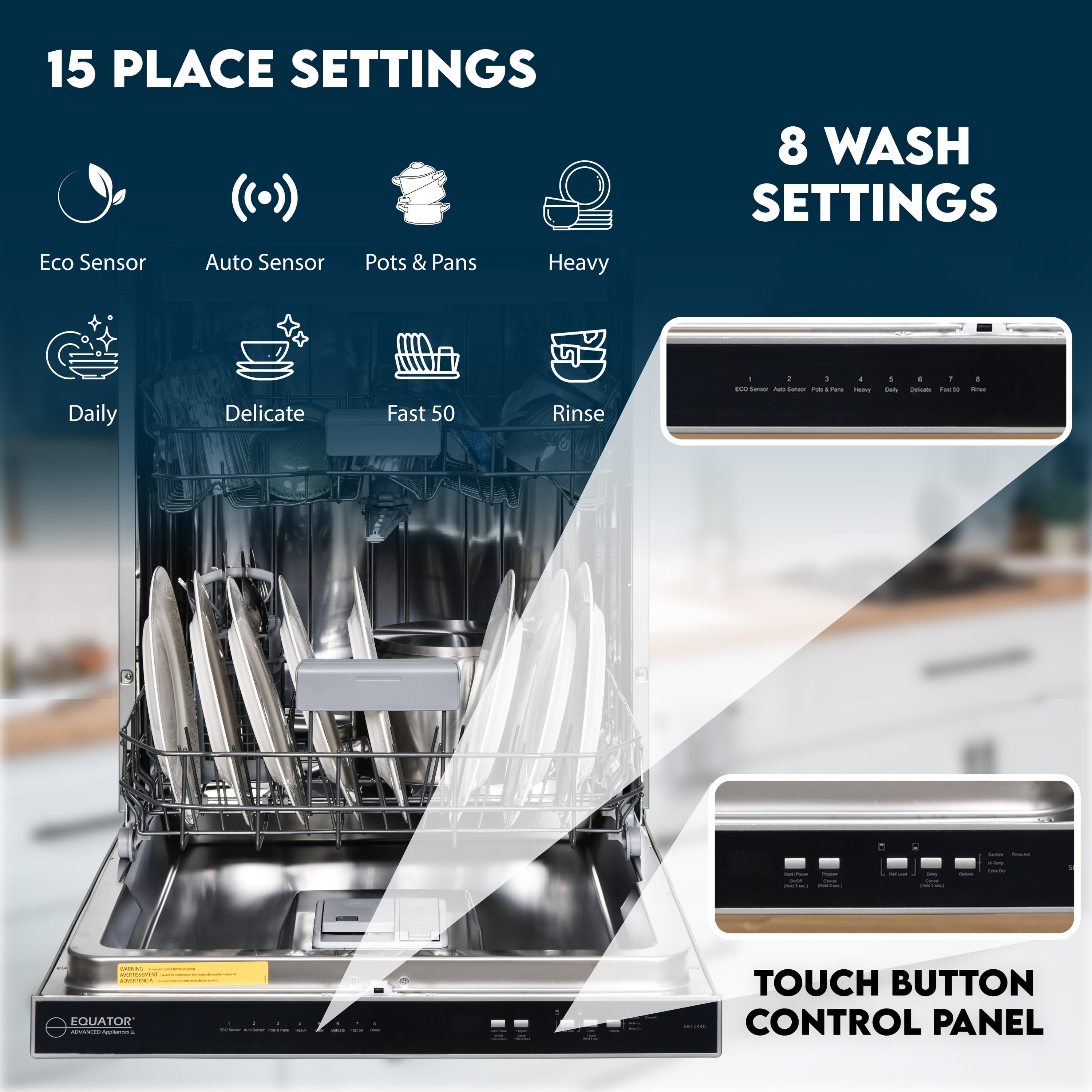 Equator 24" Built-In Dishwasher w/ Top Control 15 Place Settings Made in Europe E-star Certified