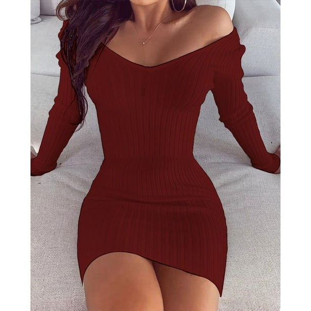 Vestido ajustado de manga larga con hombros descubiertos para mujer, minivestido Sexy de punto blanco para discoteca, Invierno 2020