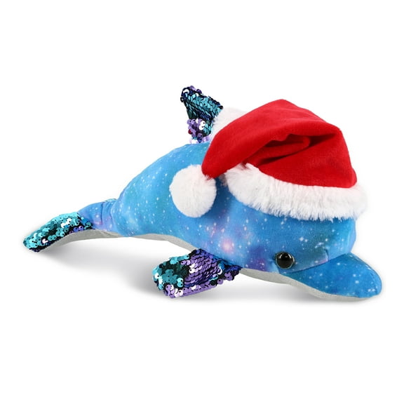 DolliBu Santa Dolphin Stuffed Animal Plush Toy - Space Sequin Plush Dolphin Animal Dress Up with Red Santa Claus Hat, Cute Ocean Life Gift - 12 Inches