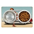 thumbnail image 1 of Pin up Girl Pet Mat for Food and Water, Short Dutch Haircut Style Brunette Lady Standing in Front of a Brand New Car, Non-Slip Rubber Mat for Dogs and Cats, 18" X 12", by Ambesonne, 1 of 2