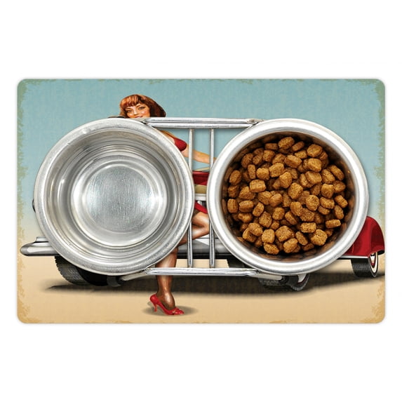 Pin up Girl Pet Mat for Food and Water, Short Dutch Haircut Style Brunette Lady Standing in Front of a Brand New Car, Non-Slip Rubber Mat for Dogs and Cats, 18" X 12", by Ambesonne