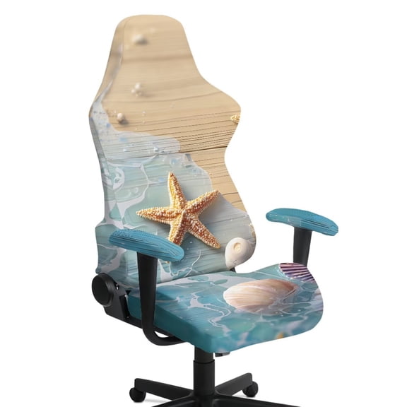 Xoenoiee Beach Starfish Seashell Conch Wood Print Gaming Chair Covers Slipcovers, Stretchable Elastic Computer Reclining Gaming Chair Seat Cover with Armrest Cover (No Chairs)