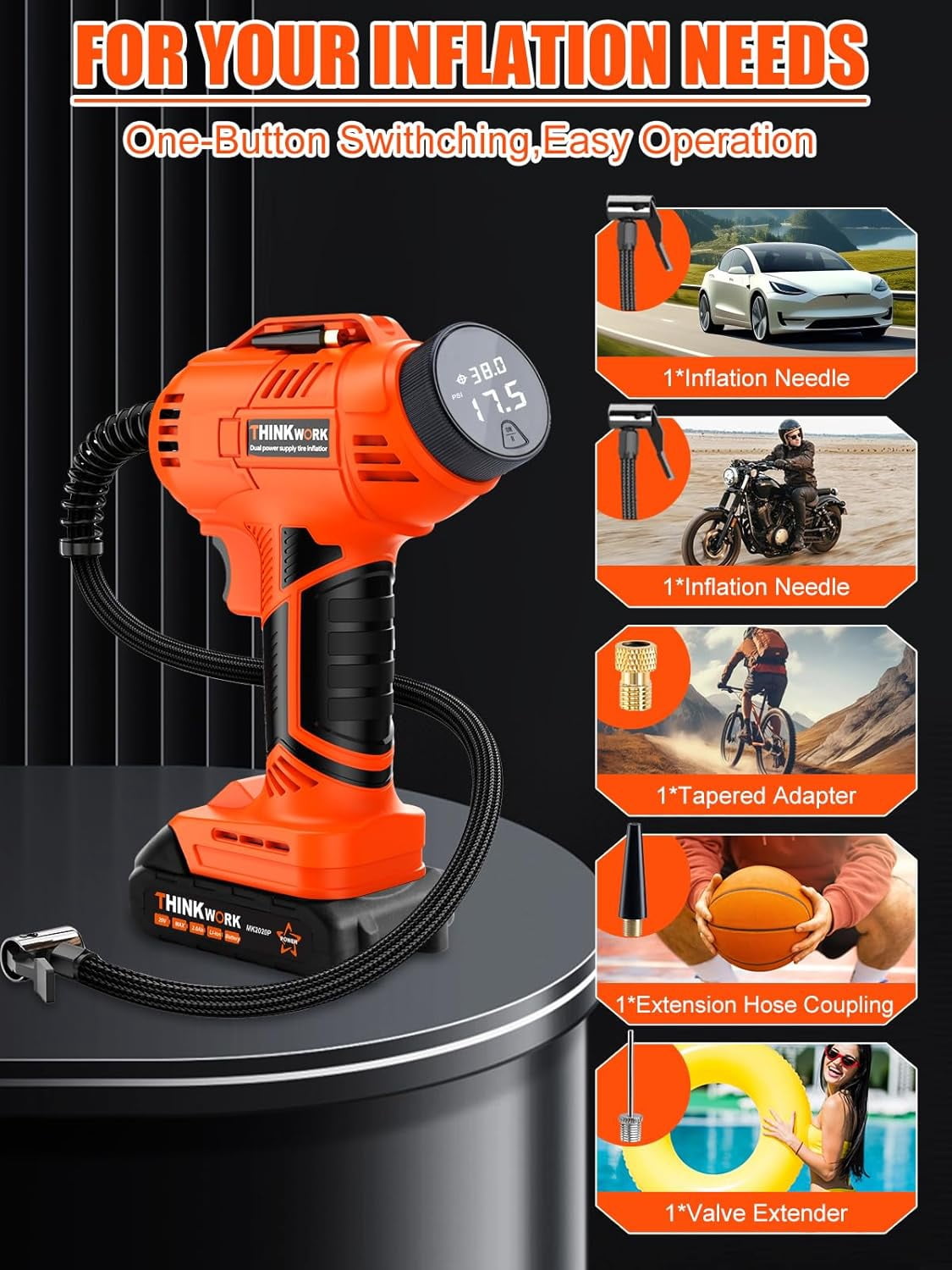 Thinkwork Cordless 20V Rechargeable, 150 PSI Tire Inflator - Orange