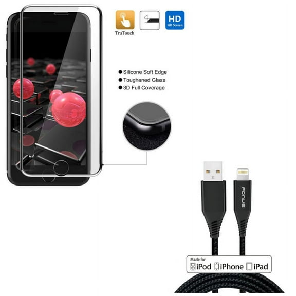 iPhone 8/7/6S/6 - Tempered Glass Screen Protector w Certified 6ft MFi USB Cable - 3D Curved Edge Full Cover HD Clear 9H Hardness, Charger Cord Power Wire Braided Long for iPhone 8/7/6S/6