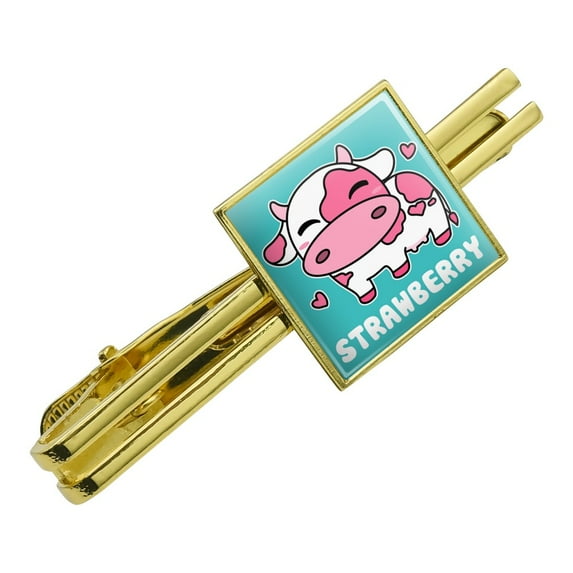 Cute Kawaii Strawberry Milk Cow Square Tie Bar Clip Clasp Tack- Silver or Gold