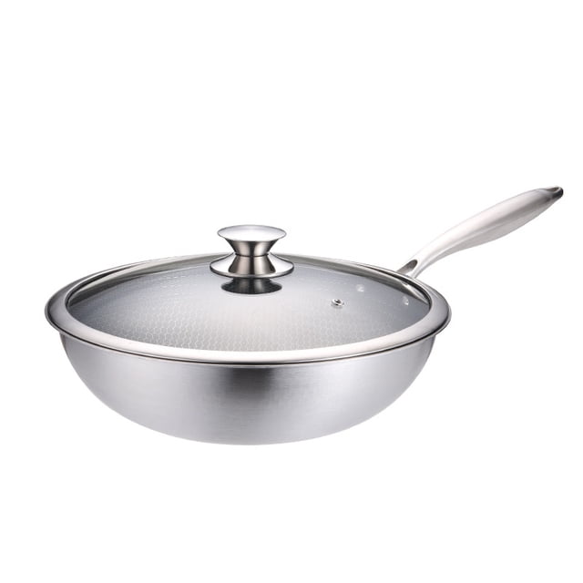 Wok de acero inoxidable con forma de panal, sartén antiadherente con forma de panal de pantalla completa, wok de fondo plano grueso para el hogar