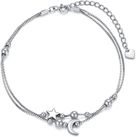 SISGEM Gift Star and Moon Sun Layered Anklet 925 Sterling Silver for Women Adjustable Beads Anklet Bracelet Crescent Beach Foot Chain 10 Inch Charm Jewelry Gifts