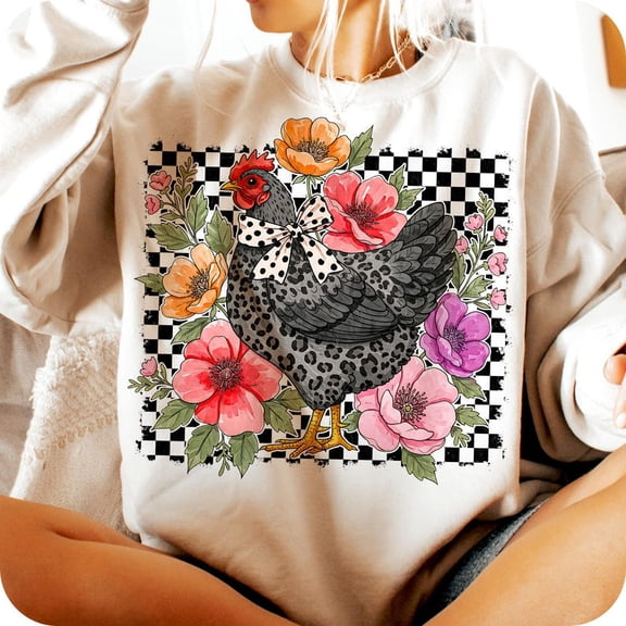 Checkered Flower Chicken Sweatshirt, Wildflower Chicken Lover Pullover, Coquette Farm Mom Crewneck