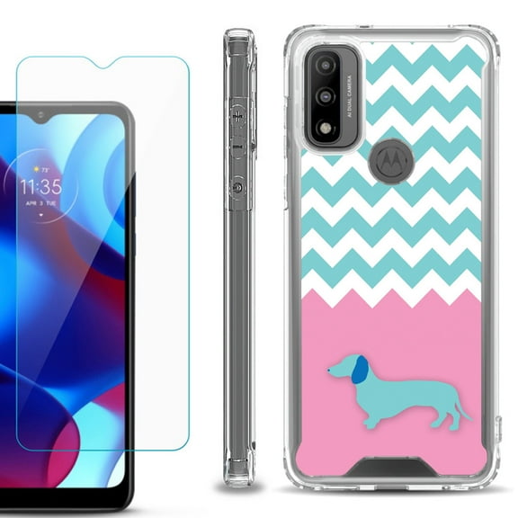 Shockproof Bumper Phone Case for Motorola Moto G Pure, with Tempered Glass Screen Protector, by OneToughShield ® - Chevron/Dachshund/Puppy