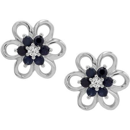 Created Blue Sapphire and White Sapphire Accent Sterling Silver Flower Earrings