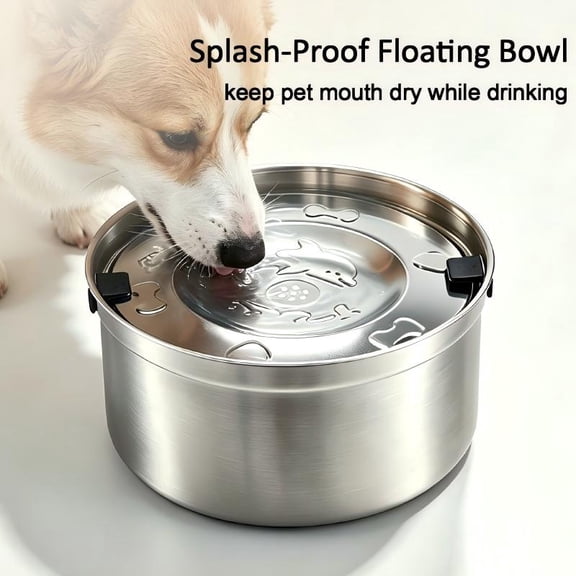 JUELEO Pet Floating Water Bowl 304 Stainless Steel Anti-Splash Dog Cat Anti-Slip Water Feeder 1.2L/40.6OZ