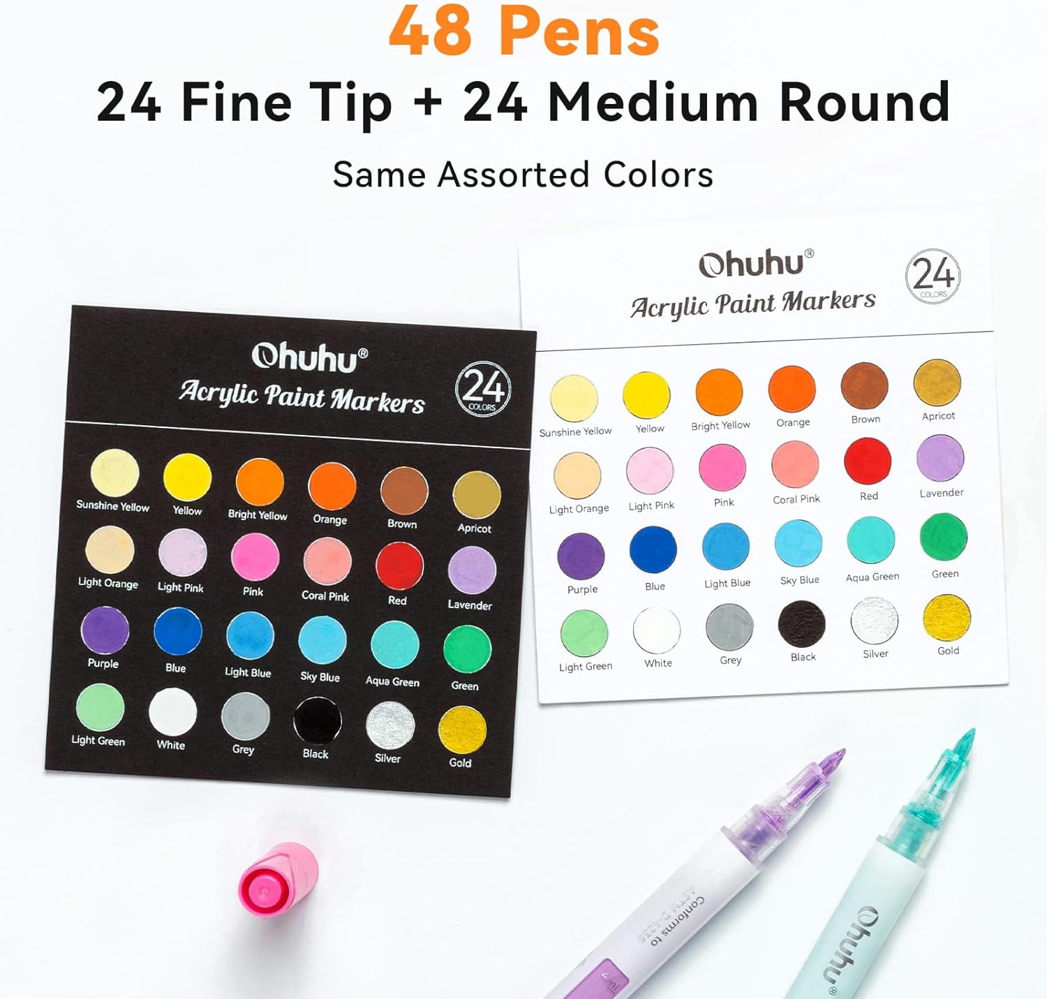 Ohuhu 48 Acrylic Markers, 24 Fine & 24 Round Tips, Reversible Chisel & Round, for Rock & Wood Surfaces