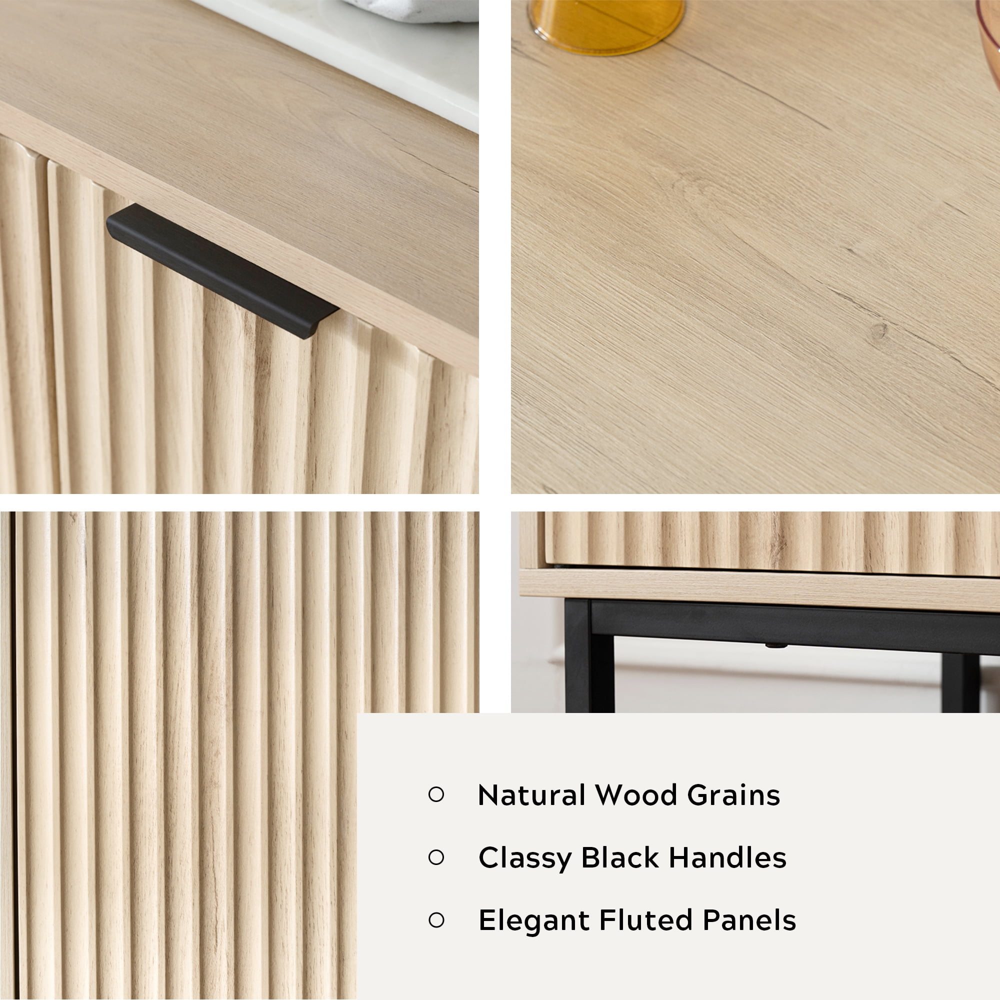 Joyyskill Fluted Storage Cabinets Set of 2, Sideboard Buffet Cabinet with Adjustable Shelves, Multifunctional Console Table Accent Cabinet, Light Oak