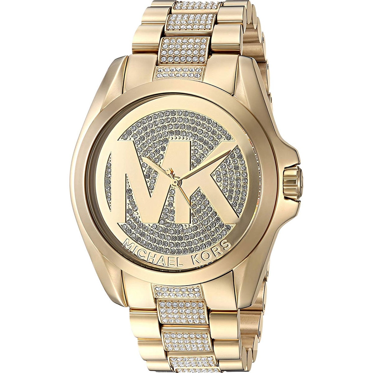 Michael Kors Gold Bradshaw MK Logo Crystal Glitz Ladies 43mm Watch MK6487