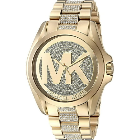 Michael Kors Gold Bradshaw MK Logo Crystal Glitz Ladies 43mm Watch MK6487