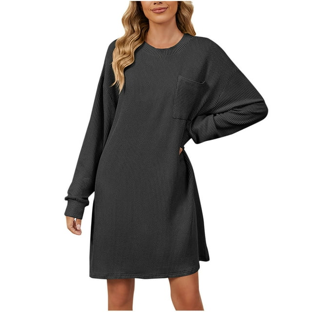 Amzcrzy Womens Dress Solid Color Long Sleeve Spring Dresses Round Neck Ribbed Summer Dress Mini Casual Sundress with Pocket