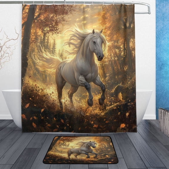 Bath Curtain & Non-Slip Bath Mat Set 12-Grommet Shower Curtain Memory Foam Bath Rug A White Horse