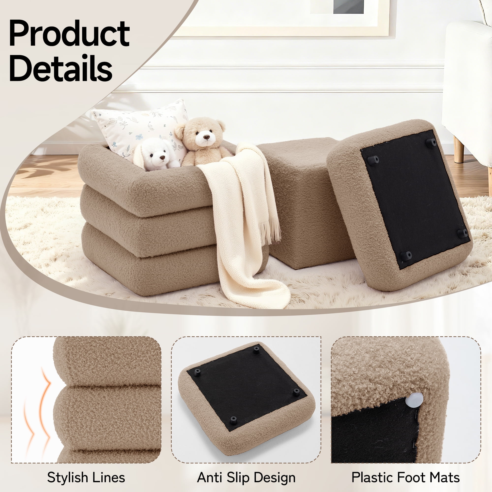 Korser Square Ottoman with Storage Set of 2,Upholstered Teddy Vanity Stool for Living Room,Bedroom,Khaki